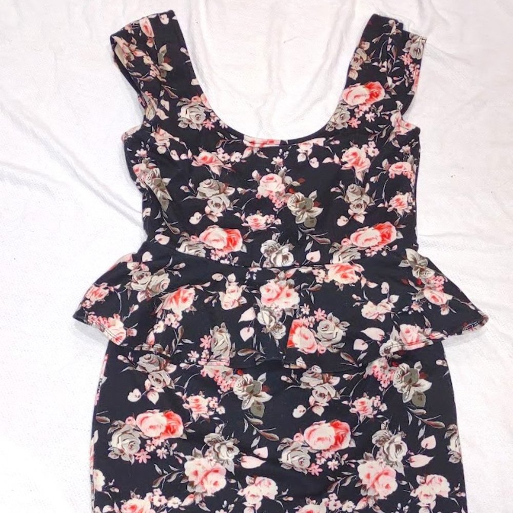 SPEECHLESS PEPLUM BLACK FLORAL PENCIL SKIRT DRESS SLEEVELESS WOMEN'S SIZE L